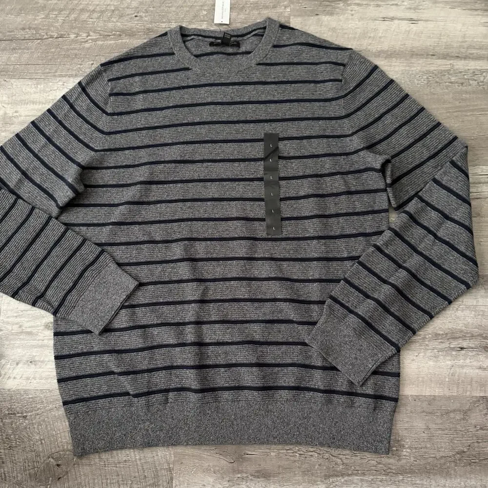 Banana Republic Sweater Men Large Lightweight Cotton Gray Striped Crew Neck NEW